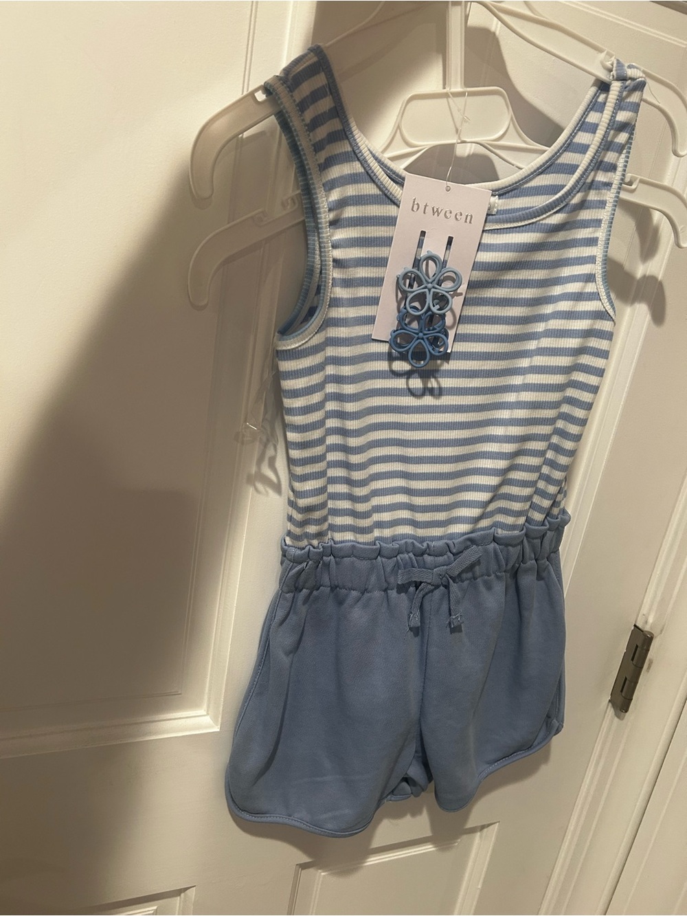 btween Light Blue & White Striped Tank Romper with Blue Shorts